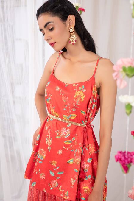 Shop_Esha Koul_Red Georgette, Semi Crepe Floral Motifs Printed Spaghetti Top And Palazzo Set _Online_at_Aza_Fashions