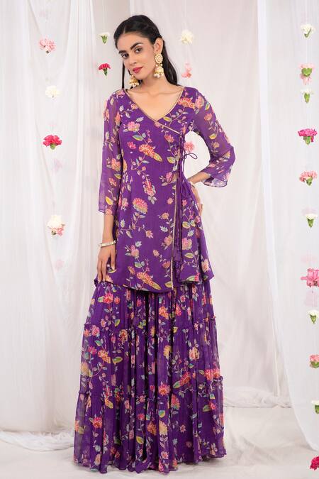 Esha Koul Purple Organza, Georgette, Semi Crepe Floral Motifs Printed Angarkha Sharara Set Online at Aza Fashions Esha Koul_Purple Organza, Georgette, Semi Crepe Floral Motifs Printed Angarkha Sharara Set _Online_at_Aza_Fashions
