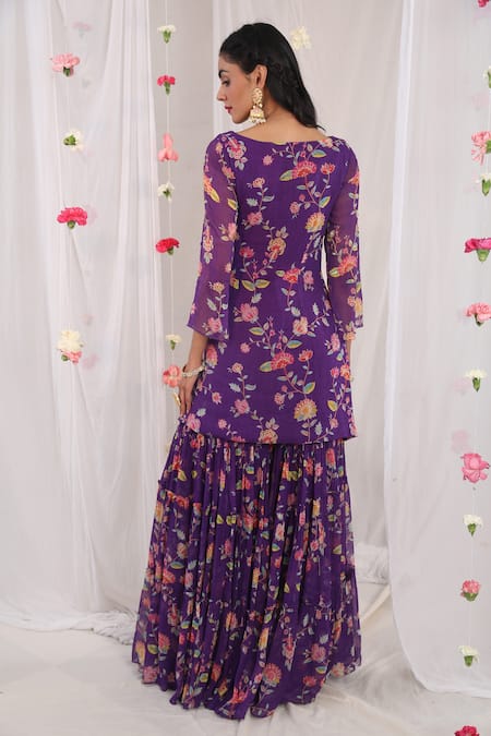 Shop Esha Koul Purple Organza, Georgette, Semi Crepe Floral Motifs Printed Angarkha Sharara Set at Aza Fashions Shop_Esha Koul_Purple Organza, Georgette, Semi Crepe Floral Motifs Printed Angarkha Sharara Set _at_Aza_Fashions