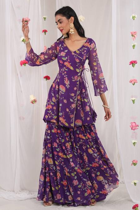 Buy Esha Koul Purple Organza, Georgette, Semi Crepe Floral Motifs Printed Angarkha Sharara Set Online at Aza Fashions Buy_Esha Koul_Purple Organza, Georgette, Semi Crepe Floral Motifs Printed Angarkha Sharara Set _Online_at_Aza_Fashions