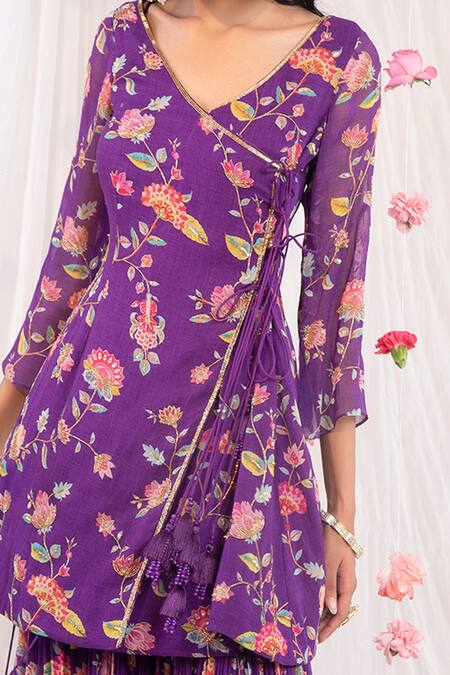 Shop Esha Koul Purple Organza, Georgette, Semi Crepe Floral Motifs Printed Angarkha Sharara Set Online at Aza Fashions Shop_Esha Koul_Purple Organza, Georgette, Semi Crepe Floral Motifs Printed Angarkha Sharara Set _Online_at_Aza_Fashions