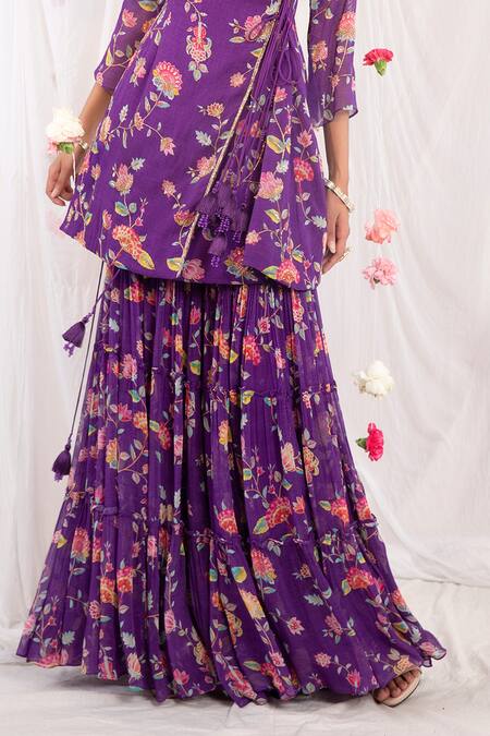 Esha Koul Purple Organza, Georgette, Semi Crepe Floral Motifs Printed Angarkha Sharara Set at Aza Fashions Esha Koul_Purple Organza, Georgette, Semi Crepe Floral Motifs Printed Angarkha Sharara Set _at_Aza_Fashions
