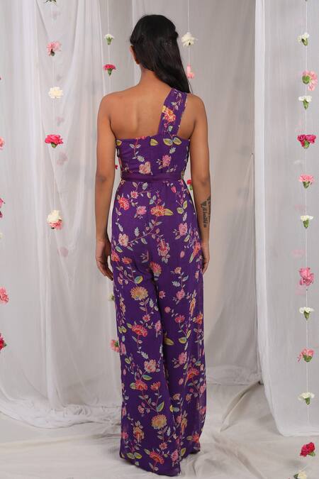 Shop_Esha Koul_Purple Georgette, Semi Crepe Floral Motifs One Shoulder Print Draped Jumpsuit _at_Aza_Fashions
