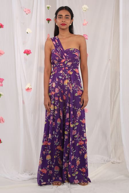 Esha Koul_Purple Georgette, Semi Crepe Floral Motifs One Shoulder Print Draped Jumpsuit _Online_at_Aza_Fashions