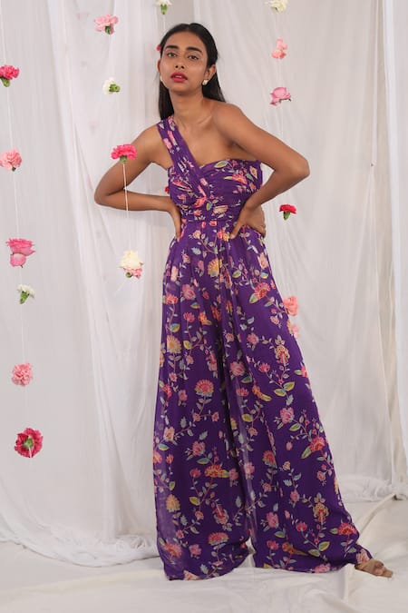 Buy_Esha Koul_Purple Georgette, Semi Crepe Floral Motifs One Shoulder Print Draped Jumpsuit _Online_at_Aza_Fashions