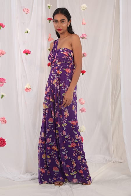 Shop_Esha Koul_Purple Georgette, Semi Crepe Floral Motifs One Shoulder Print Draped Jumpsuit _Online_at_Aza_Fashions