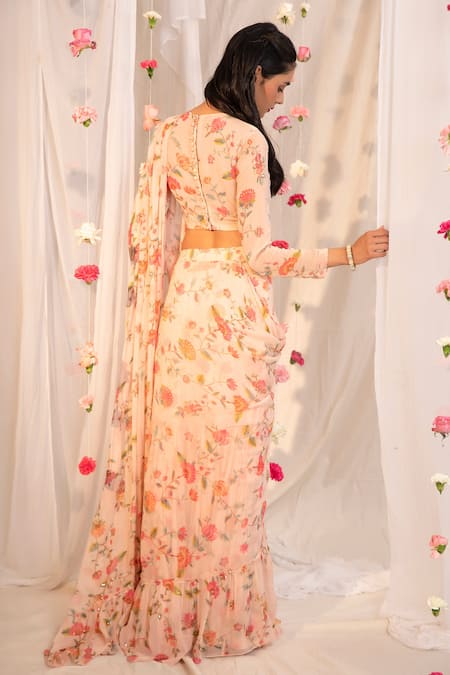 Esha Koul Floral Print Ruffle Saree With Blouse 