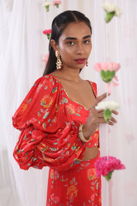 Esha Koul_Red Georgette, Gajji Satin, Semi Crepe Floral Motifs Print Top And Sharara Set_Online_at_Aza_Fashions