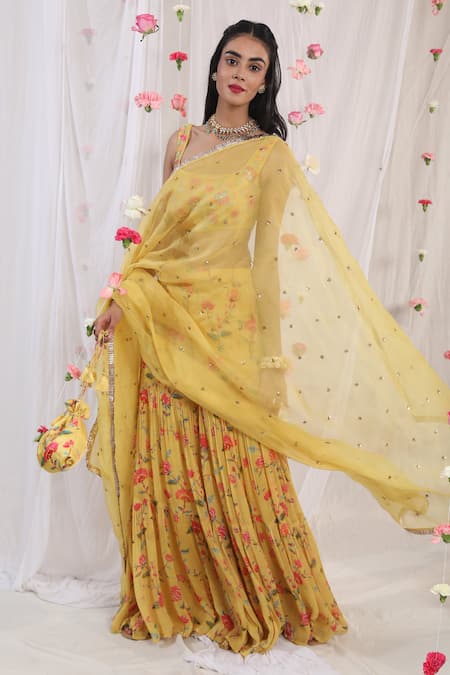 Esha Koul_Yellow Organza, Georgette, Semi Crepe Floral Motifs Scoop Neck Print Sharara Set _Online_at_Aza_Fashions