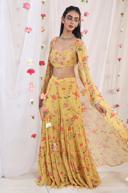 Buy_Esha Koul_Yellow Organza, Georgette, Semi Crepe Floral Motifs Scoop Neck Print Sharara Set _Online_at_Aza_Fashions