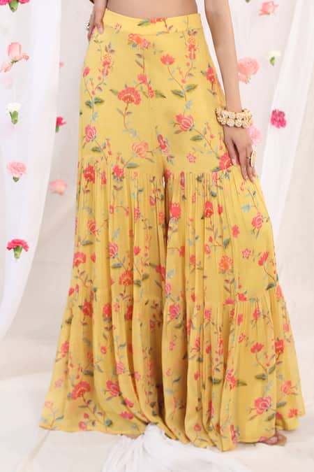 Esha Koul_Yellow Organza, Georgette, Semi Crepe Floral Motifs Scoop Neck Print Sharara Set _at_Aza_Fashions