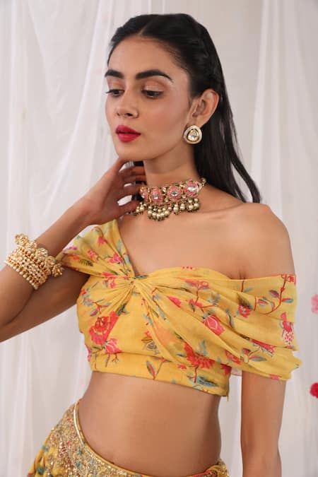 Buy_Esha Koul_Yellow Georgette, Semi Crepe Floral Motifs One Shoulder Draped Print Blouse _Online_at_Aza_Fashions