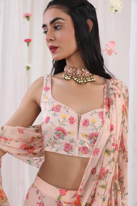 Esha Koul_Pink Chanderi, Semi Crepe Floral Motifs Scoop Neck Embroidered Sleeveless Blouse _Online_at_Aza_Fashions