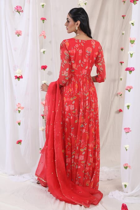Shop Esha Koul Red Organza, Georgette, Semi Crepe Floral Motifs Print Anarkali With Dupatta at Aza Fashions Shop_Esha Koul_Red Organza, Georgette, Semi Crepe Floral Motifs Print Anarkali With Dupatta _at_Aza_Fashions