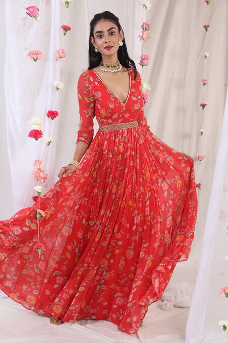 Esha Koul Red Organza, Georgette, Semi Crepe Floral Motifs Print Anarkali With Dupatta Online at Aza Fashions Esha Koul_Red Organza, Georgette, Semi Crepe Floral Motifs Print Anarkali With Dupatta _Online_at_Aza_Fashions