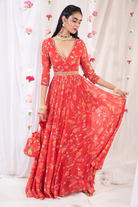 Buy Esha Koul Red Organza, Georgette, Semi Crepe Floral Motifs Print Anarkali With Dupatta Online at Aza Fashions Buy_Esha Koul_Red Organza, Georgette, Semi Crepe Floral Motifs Print Anarkali With Dupatta _Online_at_Aza_Fashions