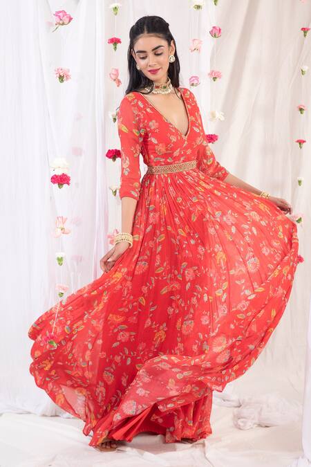 Shop Esha Koul Red Organza, Georgette, Semi Crepe Floral Motifs Print Anarkali With Dupatta Online at Aza Fashions Shop_Esha Koul_Red Organza, Georgette, Semi Crepe Floral Motifs Print Anarkali With Dupatta _Online_at_Aza_Fashions