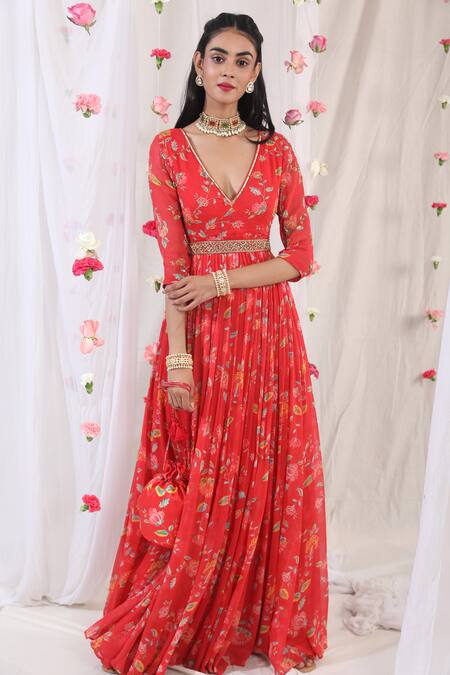 Esha Koul Red Organza, Georgette, Semi Crepe Floral Motifs Print Anarkali With Dupatta at Aza Fashions Esha Koul_Red Organza, Georgette, Semi Crepe Floral Motifs Print Anarkali With Dupatta _at_Aza_Fashions