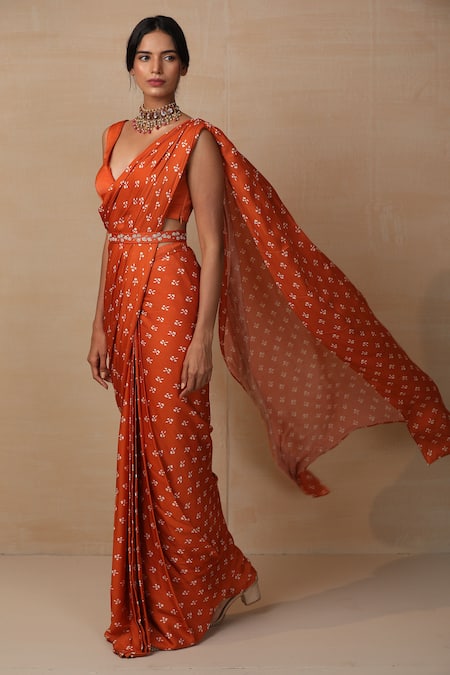 Esha Koul Orange Modal Satin V Neck Printed Pre-draped Saree With Blouse 