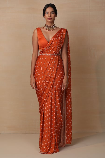 Esha Koul_Orange Modal Satin V Neck Printed Pre-draped Saree With Blouse _Online_at_Aza_Fashions