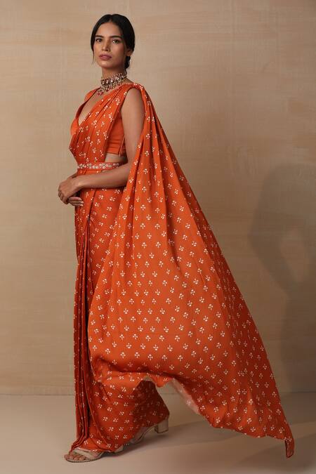 Buy_Esha Koul_Orange Modal Satin V Neck Printed Pre-draped Saree With Blouse _Online_at_Aza_Fashions