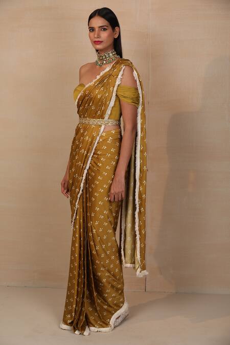 Shop_Esha Koul_Yellow Modal Satin Sweetheart Neck Printed Pre-draped Saree Set _Online_at_Aza_Fashions