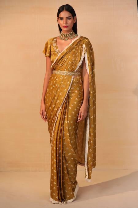 Buy_Esha Koul_Yellow Modal Satin V Neck Printed Pre-draped Saree Set _Online_at_Aza_Fashions