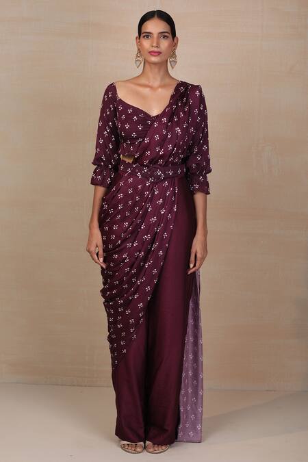 Buy_Esha Koul_Purple Organza, Georgette V Neck Printed Pre-draped Saree And Pant Set _Online_at_Aza_Fashions
