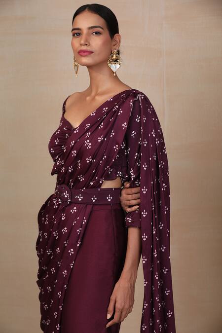 Shop_Esha Koul_Purple Organza, Georgette V Neck Printed Pre-draped Saree And Pant Set _Online_at_Aza_Fashions