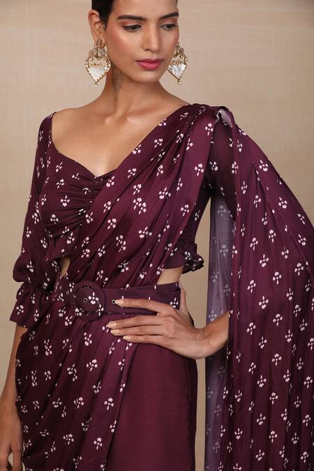 Esha Koul_Purple Organza, Georgette V Neck Printed Pre-draped Saree And Pant Set _at_Aza_Fashions