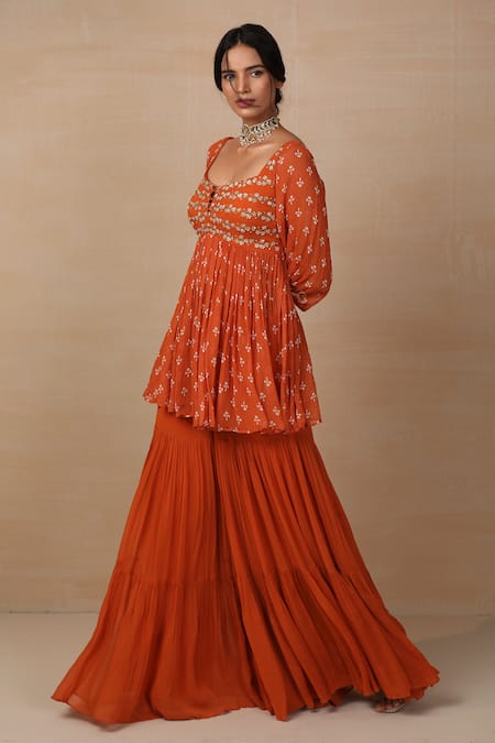 Esha Koul_Orange Net, Georgette Square Neck Printed Kurta And Sharara Set _Online_at_Aza_Fashions