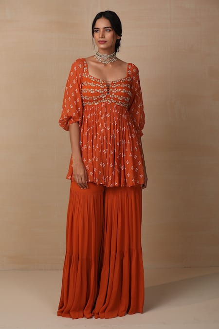 Buy_Esha Koul_Orange Net, Georgette Square Neck Printed Kurta And Sharara Set _Online_at_Aza_Fashions
