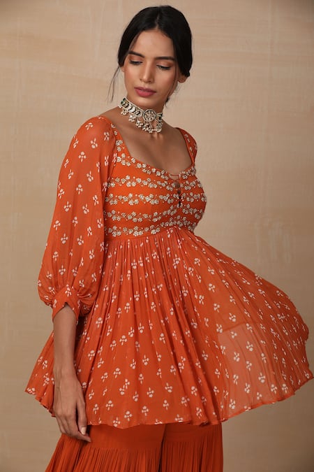 Esha Koul_Orange Net, Georgette Square Neck Printed Kurta And Sharara Set _at_Aza_Fashions