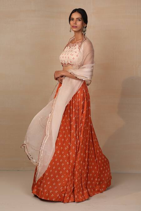Esha Koul_Orange Organza, Modal Satin Sqaure Printed Lehenga Set _Online_at_Aza_Fashions