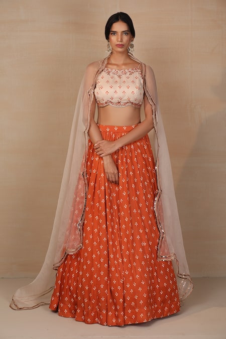Buy_Esha Koul_Orange Organza, Modal Satin Sqaure Printed Lehenga Set _Online_at_Aza_Fashions