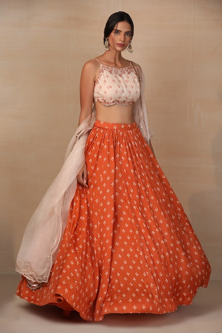 Shop_Esha Koul_Orange Organza, Modal Satin Sqaure Printed Lehenga Set _Online_at_Aza_Fashions
