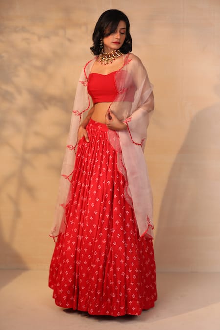 Esha Koul Red Organza Sweetheart Neck Printed Lehenga Set 