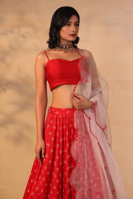 Esha Koul_Red Organza, Modal Satin Sweetheart Neck Printed Lehenga Set _at_Aza_Fashions