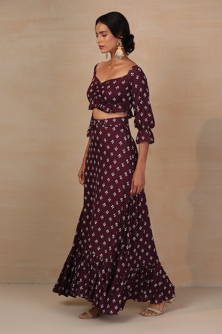 Esha Koul_Purple Modal Satin Sweetheart Neck Printed Off-shoulder Top And Skirt Set _Online_at_Aza_Fashions