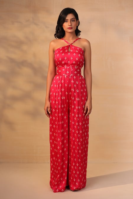 Esha Koul_Pink Modal Satin Criss Cross Printed Jumpsuit _Online_at_Aza_Fashions
