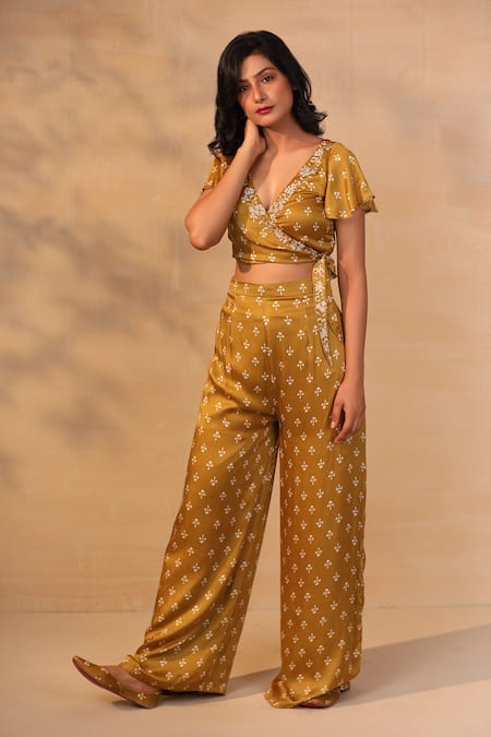 Shop_Esha Koul_Yellow Modal Satin V Neck Printed Pant Set _Online_at_Aza_Fashions