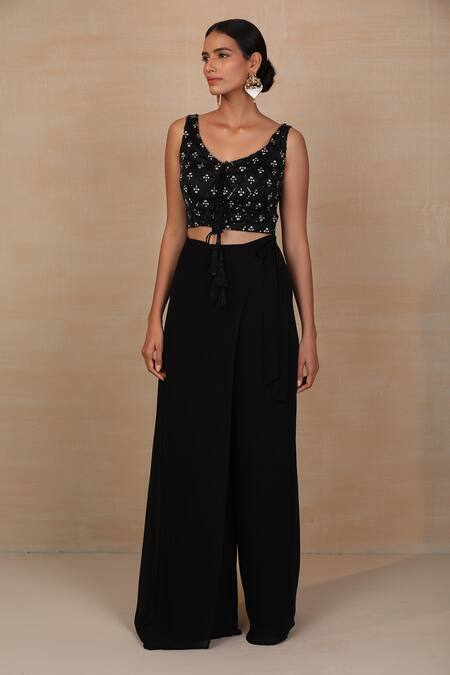 Esha Koul_Black Georgette, Modal Satin V Neck Printed Pant Set _Online_at_Aza_Fashions