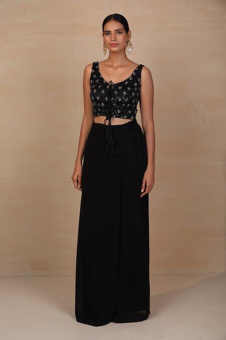 Buy_Esha Koul_Black Georgette, Modal Satin V Neck Printed Pant Set _Online_at_Aza_Fashions