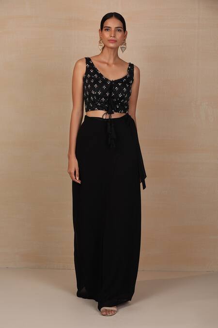 Shop_Esha Koul_Black Georgette, Modal Satin V Neck Printed Pant Set _Online_at_Aza_Fashions