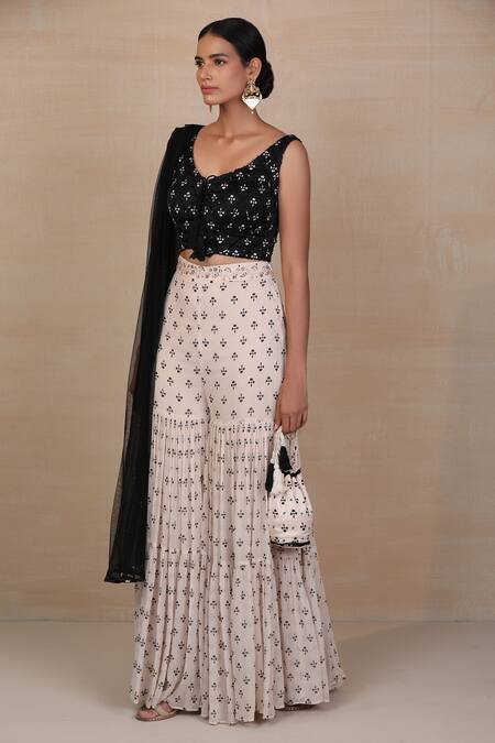 Esha Koul_Black Net, Georgette, Modal Satin V Neck Printed Sharara Set _Online_at_Aza_Fashions