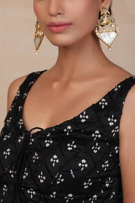 Esha Koul_Black Net, Georgette, Modal Satin V Neck Printed Sharara Set _at_Aza_Fashions