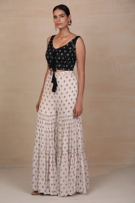 Esha Koul_Black Georgette, Modal Satin V Neck Printed Sharara Set _Online_at_Aza_Fashions