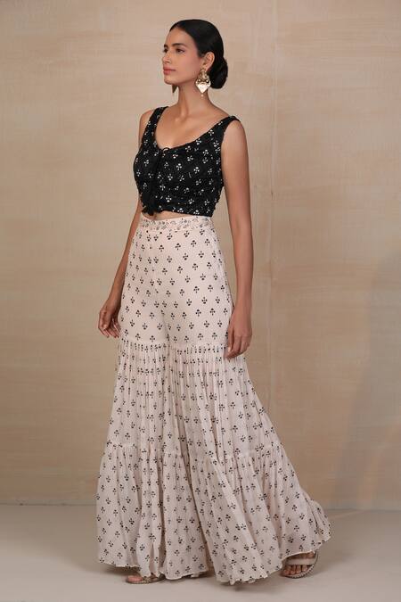 Buy_Esha Koul_Black Georgette, Modal Satin V Neck Printed Sharara Set _Online_at_Aza_Fashions