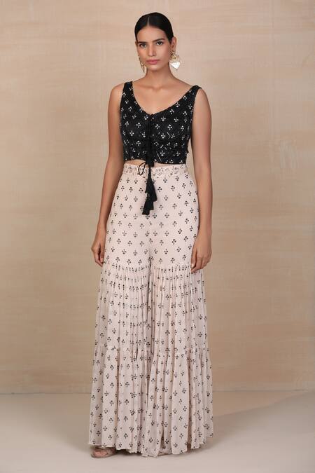 Shop_Esha Koul_Black Georgette, Modal Satin V Neck Printed Sharara Set _Online_at_Aza_Fashions