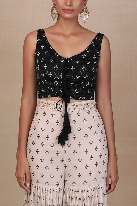 Esha Koul_Black Georgette, Modal Satin V Neck Printed Sharara Set _at_Aza_Fashions